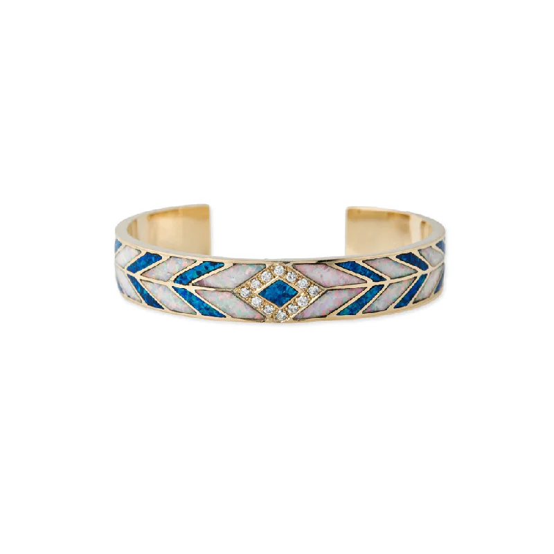 Colorful Gemstone Bracelets-PAVE BLUE OPAL + CHEVRON OPAL INLAY CUFF BRACELET