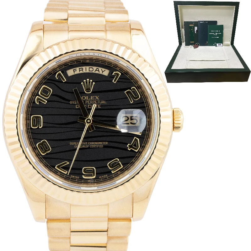 Elegant Gold Watches-OPEN CARD Rolex Day-Date II 41mm Black Wave President 218238 18K Gold Watch