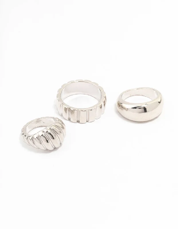 Customizable Rings for Gifts-Silver Smooth & Ribbed Rings 3-Pack