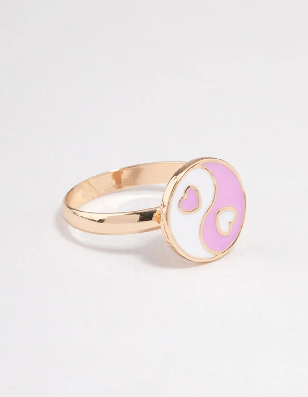 Platinum Wedding Rings for Women-Pink Yin & Yang Heart Ring