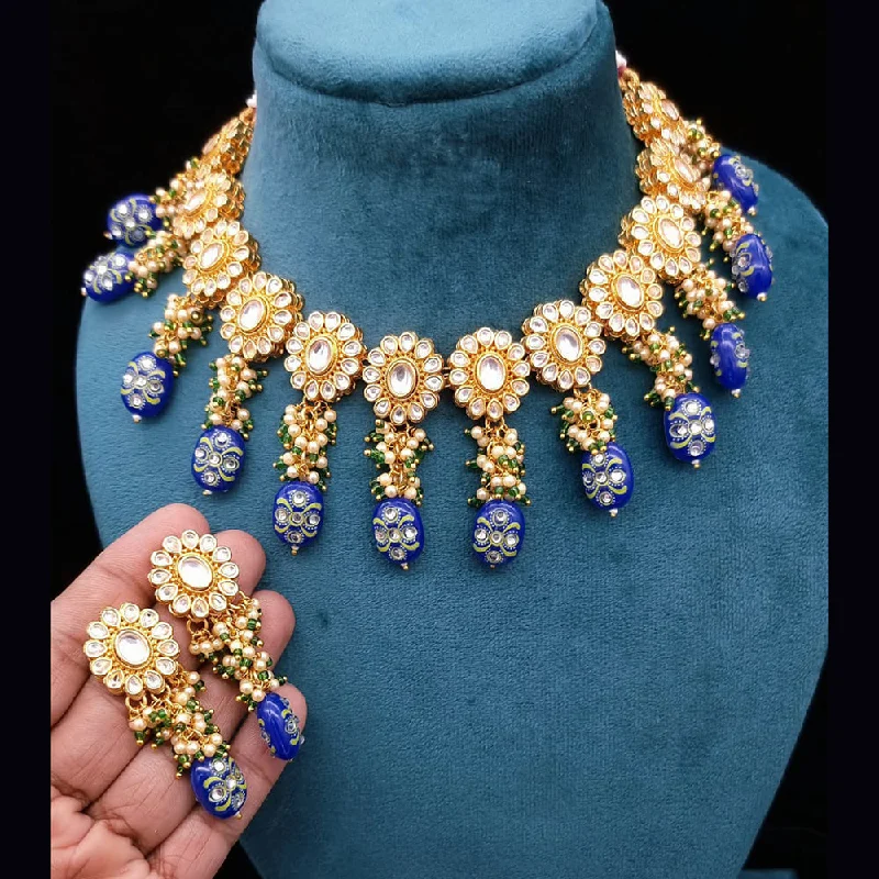 Dainty Pearl Necklaces-JCM Gold Plated Kundan Stone & Beads Necklace Set