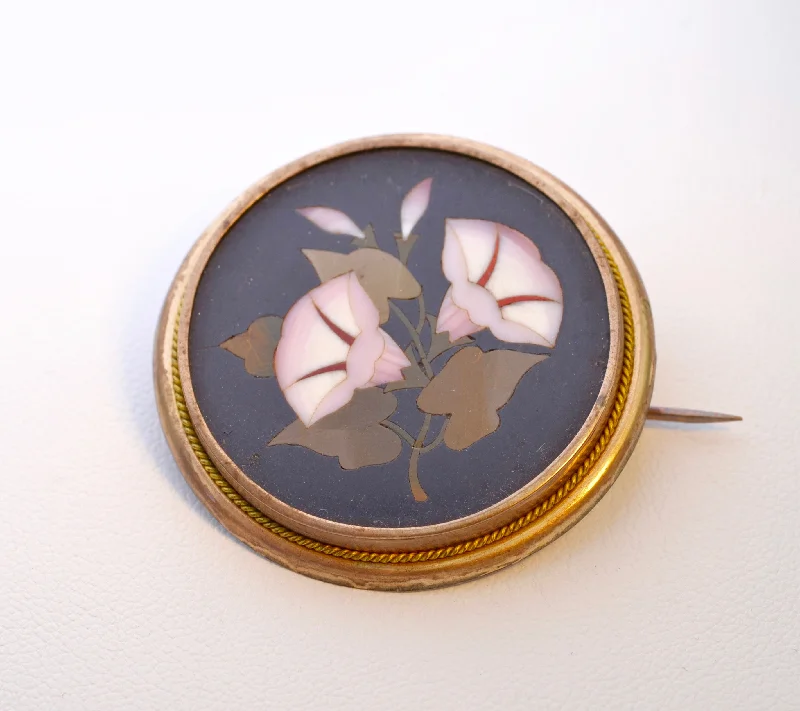 High-Quality Brooch with Rhinestones-Pietra Dura Onyx with Flowers