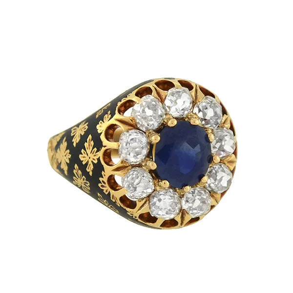 Personalized Wedding Rings-Victorian 18kt Sapphire & Diamond Enameled Cluster Ring 1.25ct center