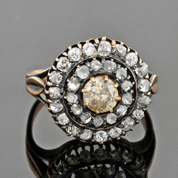 Affordable Engagement Rings-18kt Mine & Rose Cut Diamond Double Halo Cluster Ring 1.90ctw