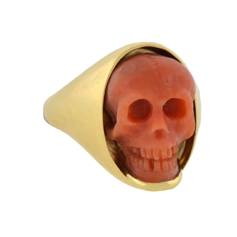 Luxury Platinum Engagement Rings-Victorian Style 18kt Hand Carved Natural Coral Skull Ring