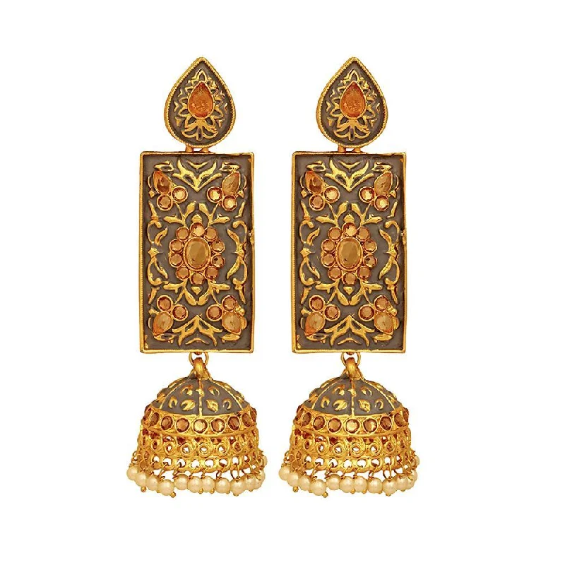 Designer Drop Earrings-Mahi Brown Meenakari Work Enamelled Rectangular Dangle Jhumka Earrings with Artificial Pearl for Women (ER1109715GBro)