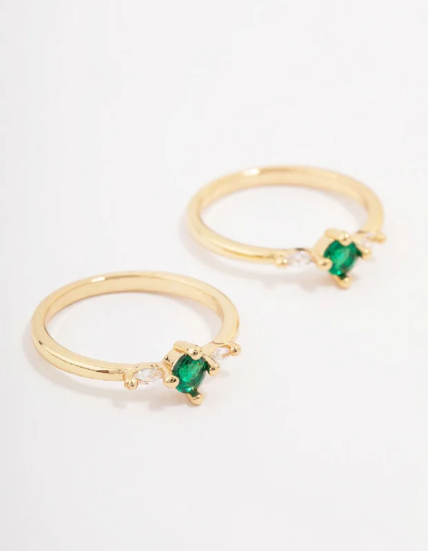 Unique Wedding Bands-Gold Plated Dainty Trio Emerald Cubic Zirconia Ring Pack