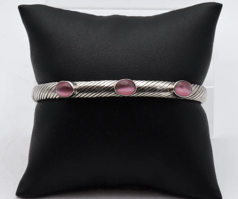 Fashionable Layered Bracelets-Vintage Sterling Silver Pink Cat's Eye Glass Cuff Bracelet