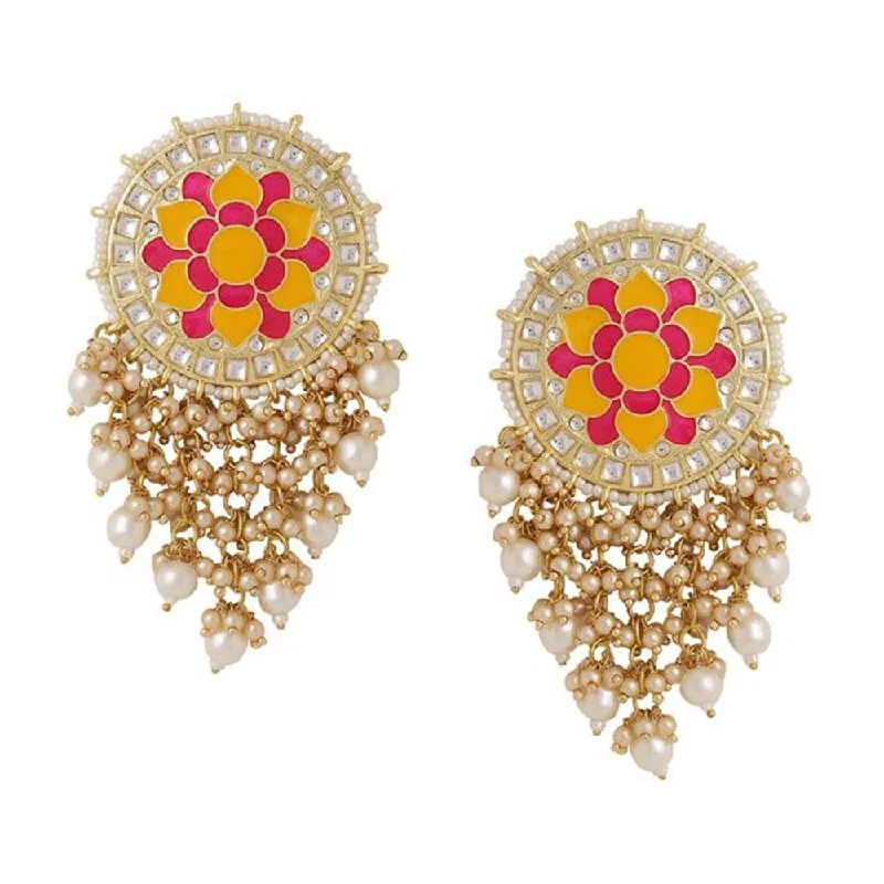 Large Statement Earrings-House Of Ree Flower Pattern Yellow and Pink Meenakari Drop Earrings for Womens | Women | Girls ER111