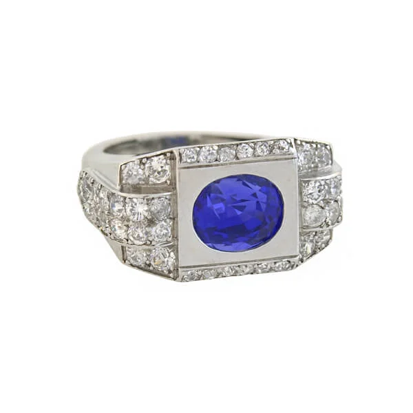 Engraved Wedding Rings-Late Art Deco French Platinum 4.30ct Natural Ceylon Sapphire Diamond Ring