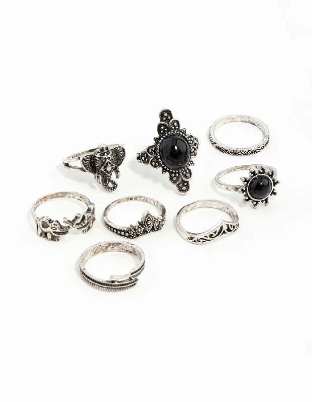 Trendy Gold Rings for Women-Antique Silver Boho Elephant Style Rings 8-Pack