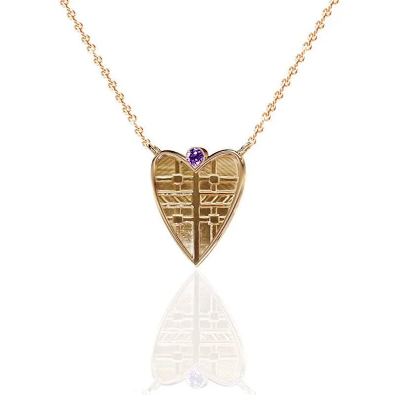 Silver Heart Pendant Necklaces-Fluid Tartan Heart Necklace with Amethyst in Solid Gold