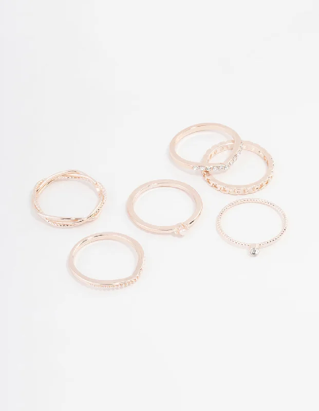 Vintage Silver Engagement Rings-Rose Gold Plated Cubic Zirconia Twist & Dip Ring 6-Pack