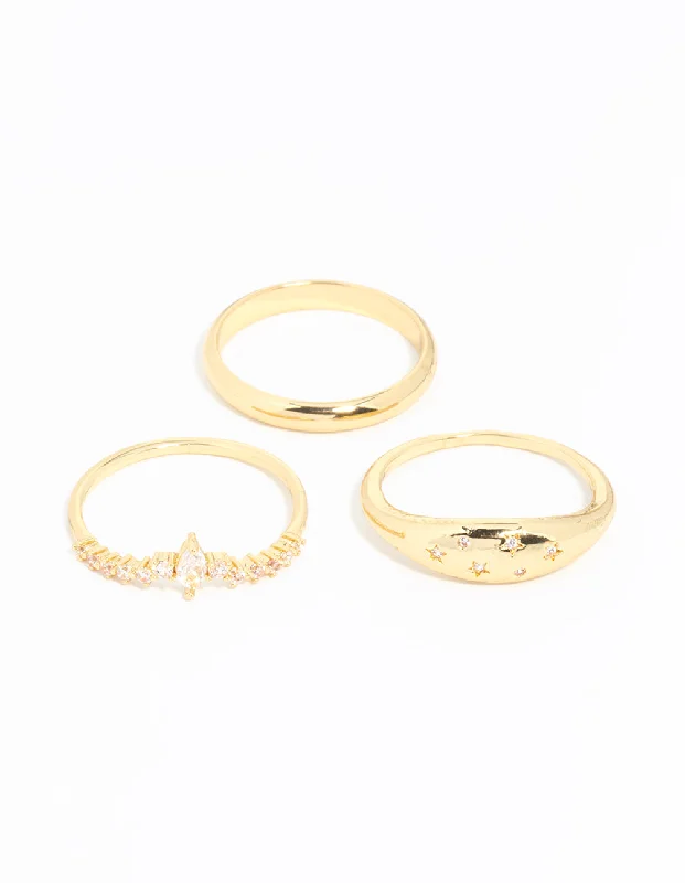 Vintage Silver Rings-Gold Plated Cubic Zirconia Cluster & Plain Rings 3-Pack