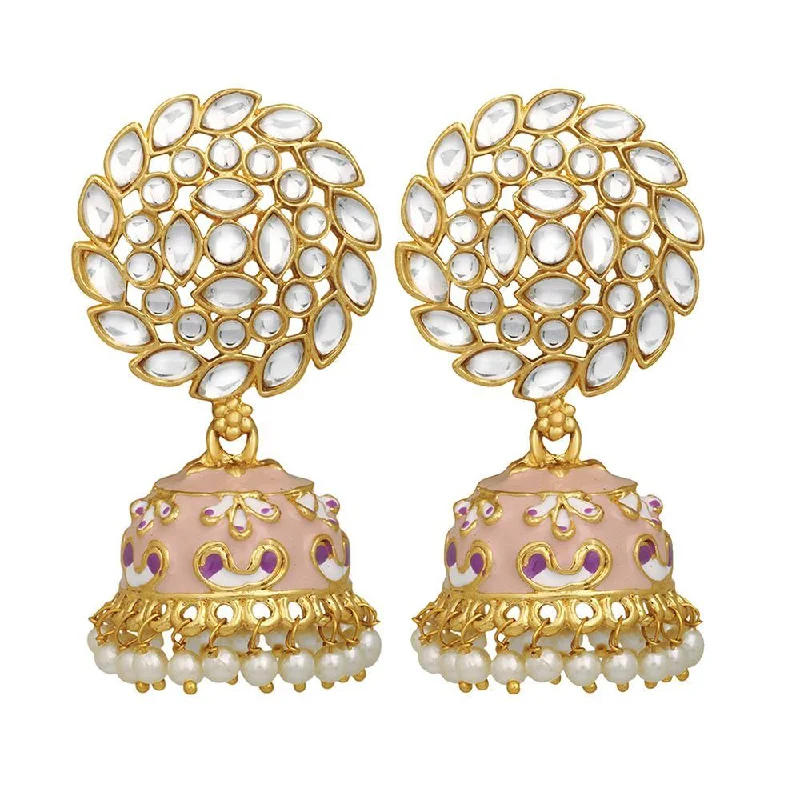 Premium Gold Earrings-Mahi Pink Meenakari Work Enamelled Kundan and Artificial Pearl Jhumki Earrings for Women (ER1109713GPin)