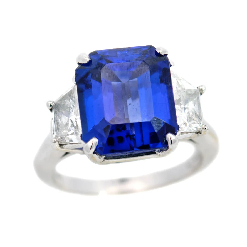 Handmade Gemstone Rings-Estate Platinum Emerald Cut Tanzanite + Diamond Ring 5.5ctw+