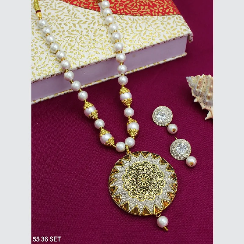 Elegant Gold Necklaces-Mahavir Gold Plated Pearls Long Necklace Set