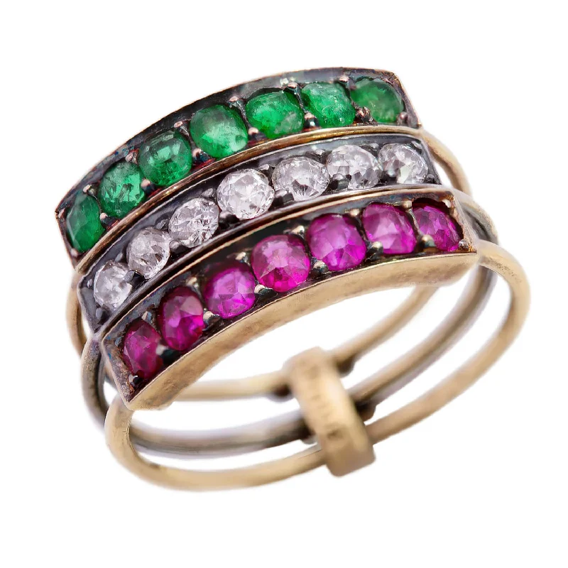 Engraved Wedding Rings-Victorian French 18k/Platinum Harem Emerald, Ruby & Diamond Three Band Ring