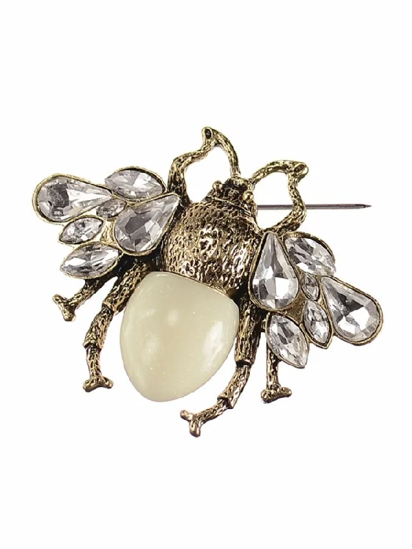 Personalized Floral Brooch for Brides-Hot Tomato Queen Bee Brooch in Antique Gold/Clear/Cream