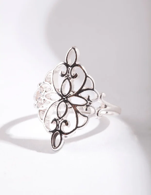 Bold Gold Rings-Silver Metal Filigree Ring