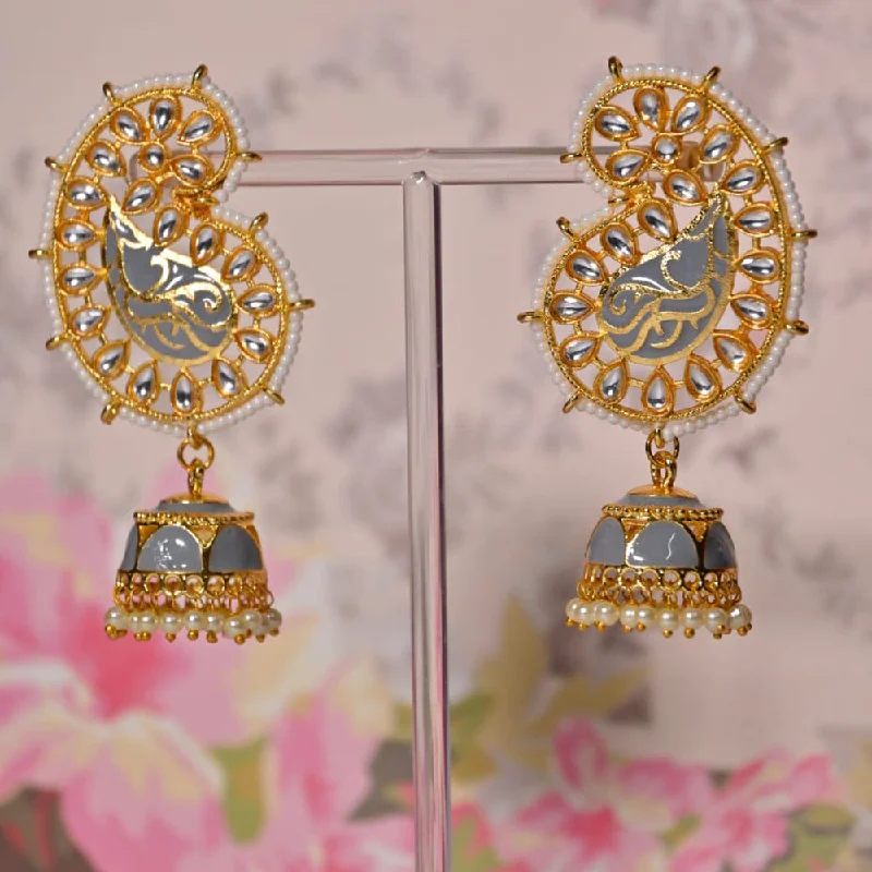 Cute Animal Earrings-Shagna Gold Plated Kundan Pearl And Meenakari Jhumki Earrings