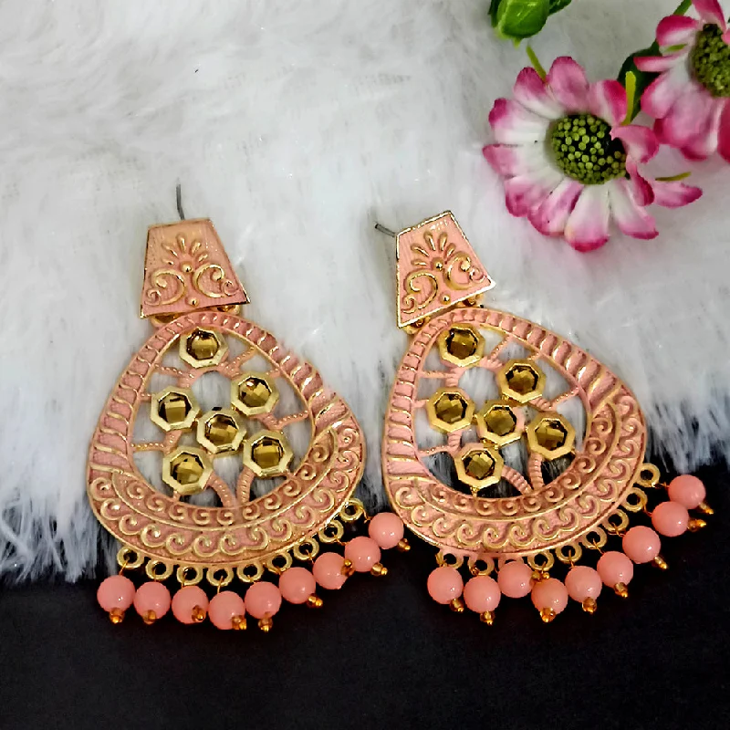 Chunky Gold Earrings-Woma Matte Peach Meenakari Dangler Beads Drop Earrings