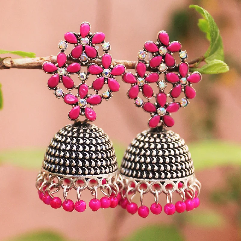 Sterling Silver Stud Earrings-H K Fashion Oxidised Plated Pota Stone And Beads Jhumki Earrings