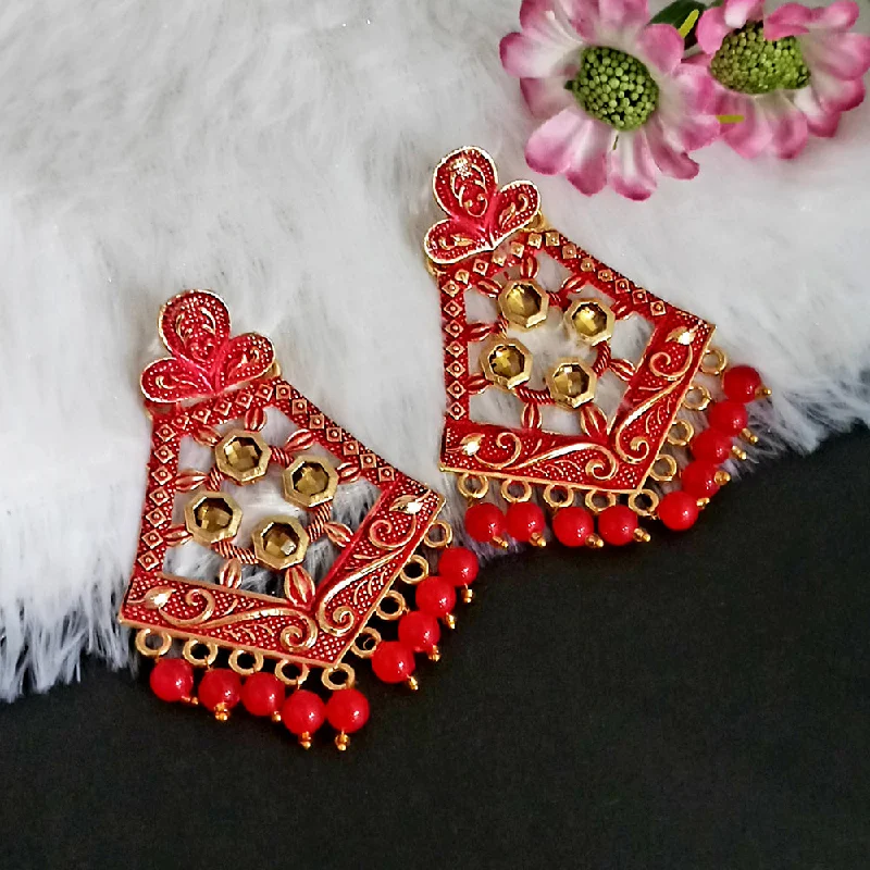 Drop Earrings for Brides-Woma Matte Red Meenakari Dangler Beads Drop Earrings