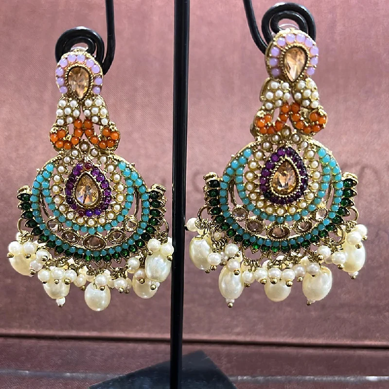 Antique Gold Earrings-Rudraksh Art Antique Gold Plated Crystal Stone And Beads Dangler Earrings (Mix Color)