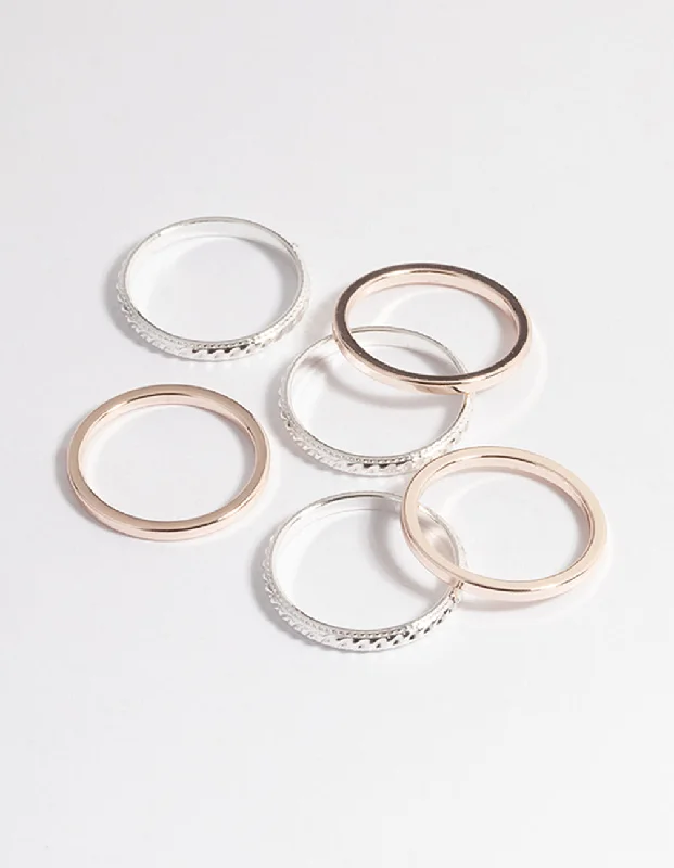 Vintage Wedding Rings with Diamonds-Mixed Metal Textured & Plain Ring 6-Pack