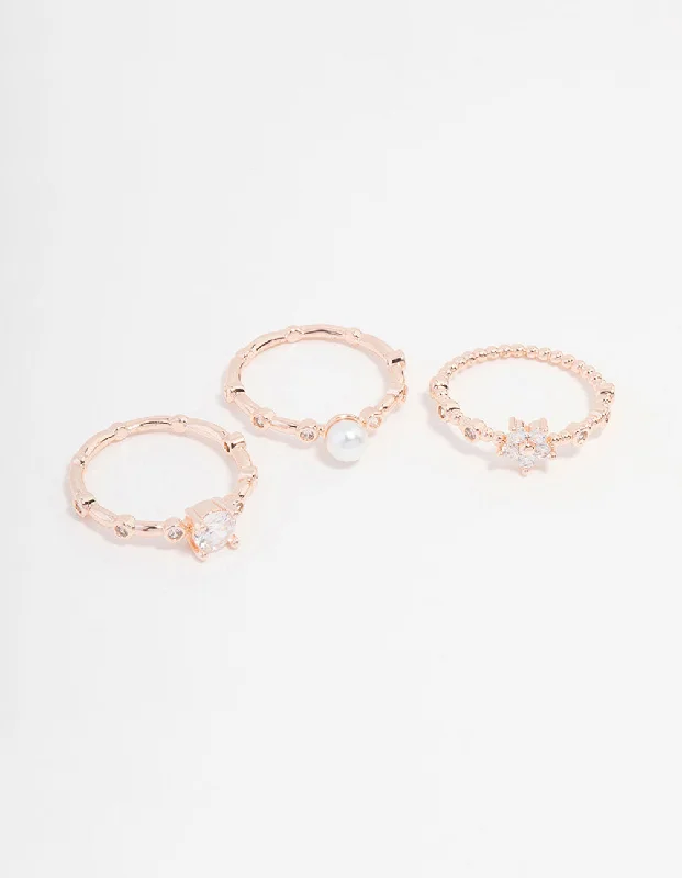 Couples Matching Rings-Rose Gold Plated Cubic Zirconia Pearl Bamboo Ring 3-Pack