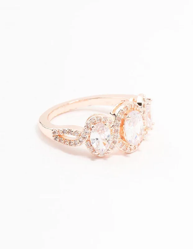 Custom Engagement Rings with Gemstones-Rose Gold Trio Oval Cubic Zirconia Ring