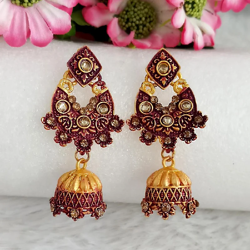 Customized Initial Earrings-Woma Gold Plated Maroon Dangler Meenakari Earrings - 1318068D