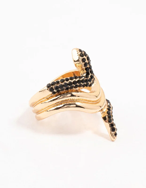 Custom Signet Rings-Black Diamante & Gold Stacked Snake Ring