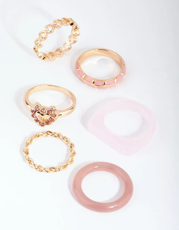 Silver Stackable Rings-Pink Acrylic Heart Ring Pack