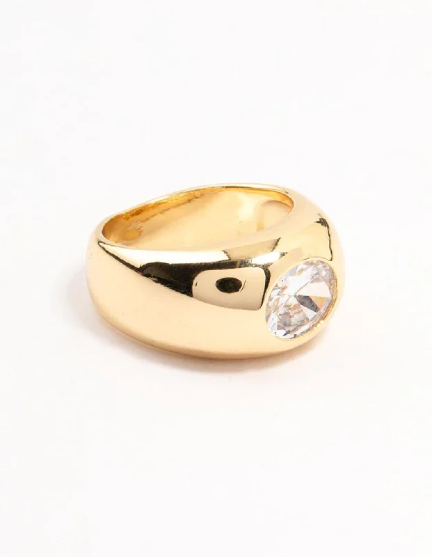 Simple Wedding Rings for Women-Gold Plated Wide Band Cubic Zirconia Ring