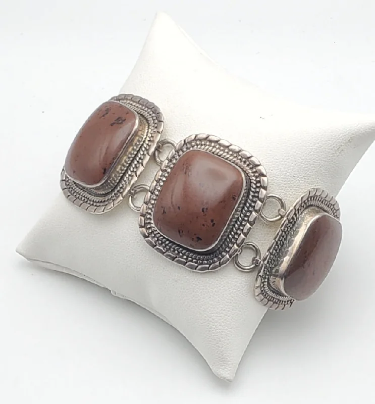 Silver Charm Bracelets-Large Sterling Silver Polished Mahogany Obsidian Bracelet - 8"