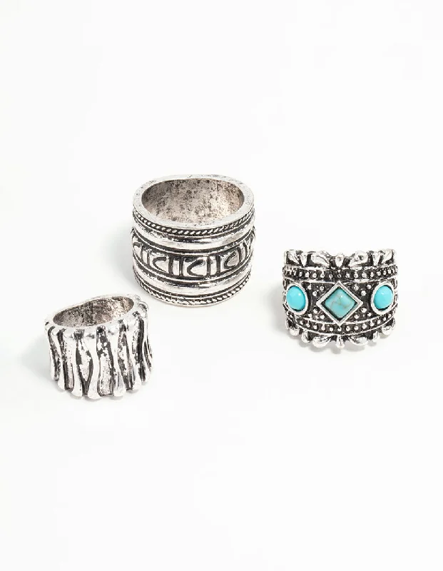 Vintage Diamond Rings-Antique Silver Turquoise Rings 3-Pack