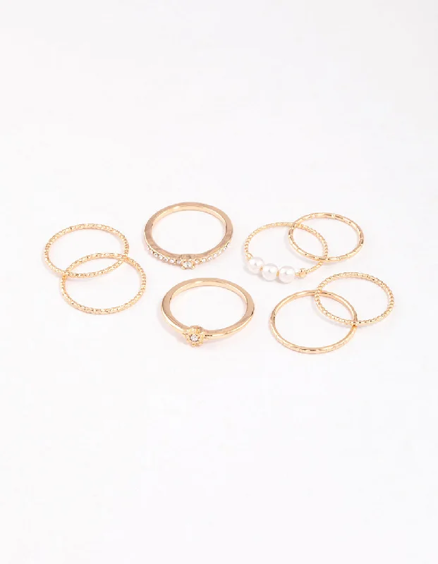 Stackable Rings for Women-Gold Fine Diamante Cut Pearl Ring Pack