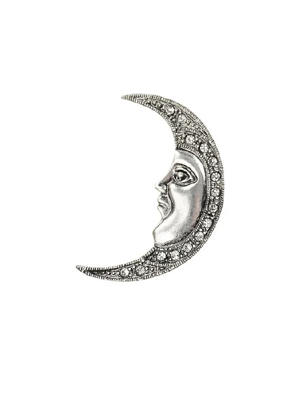 Designer Gold Brooch with Gemstone Detail-Hot Tomato Man in The Moon Brooch in Antique Silver with Clear Crystals