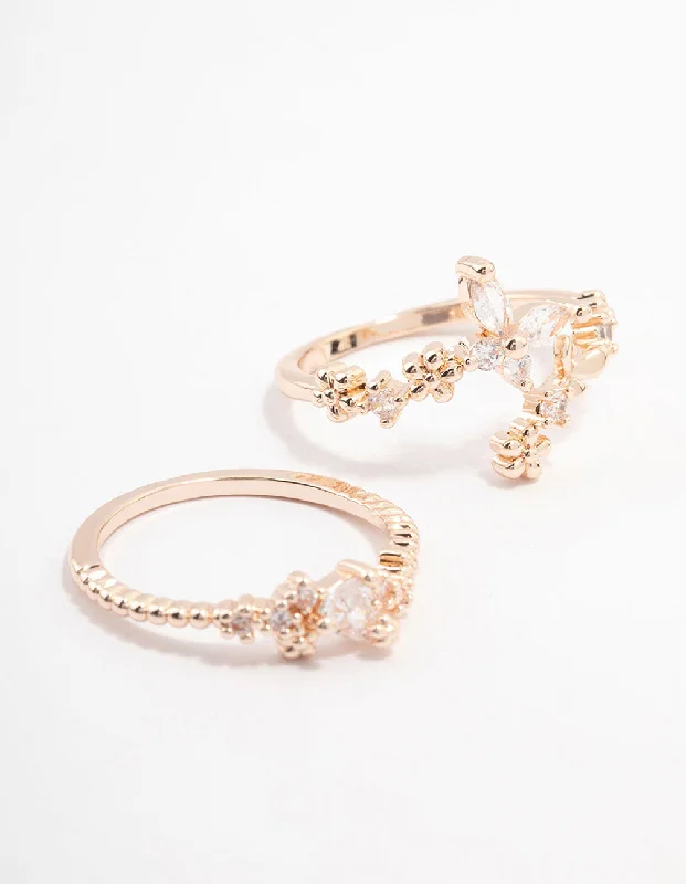 Trendy Stackable Rings-Rose Gold Plated Floral Stone Stacking Ring Pack