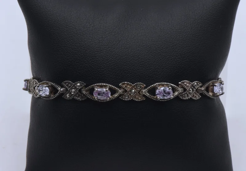 Black Leather Bracelets-Vintage Sterling Silver Purple Cubic Zirconia and Marcasite Link Bracelet