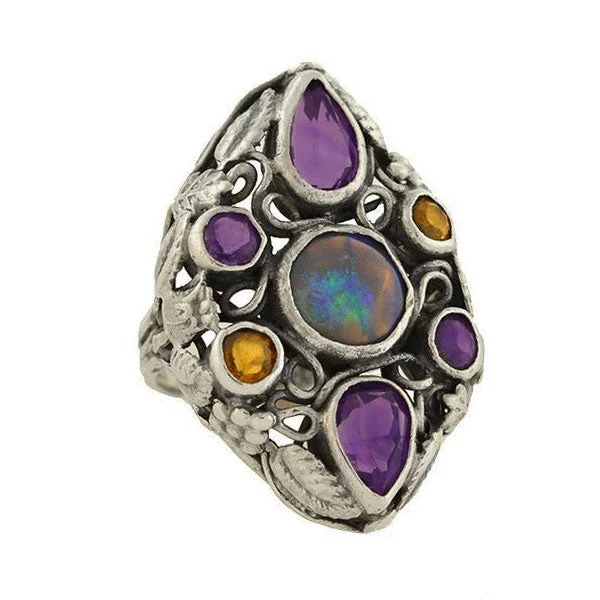 Custom Gold Signet Rings-Early Retro Large Sterling Multi Gemstone Cluster Ring