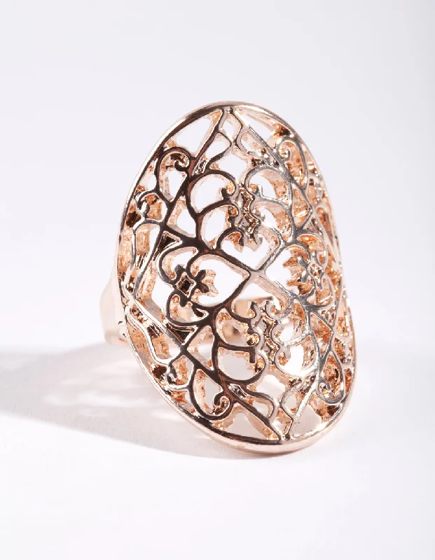 Vintage Art Deco Rings-Rose Gold Filigree Shield Ring