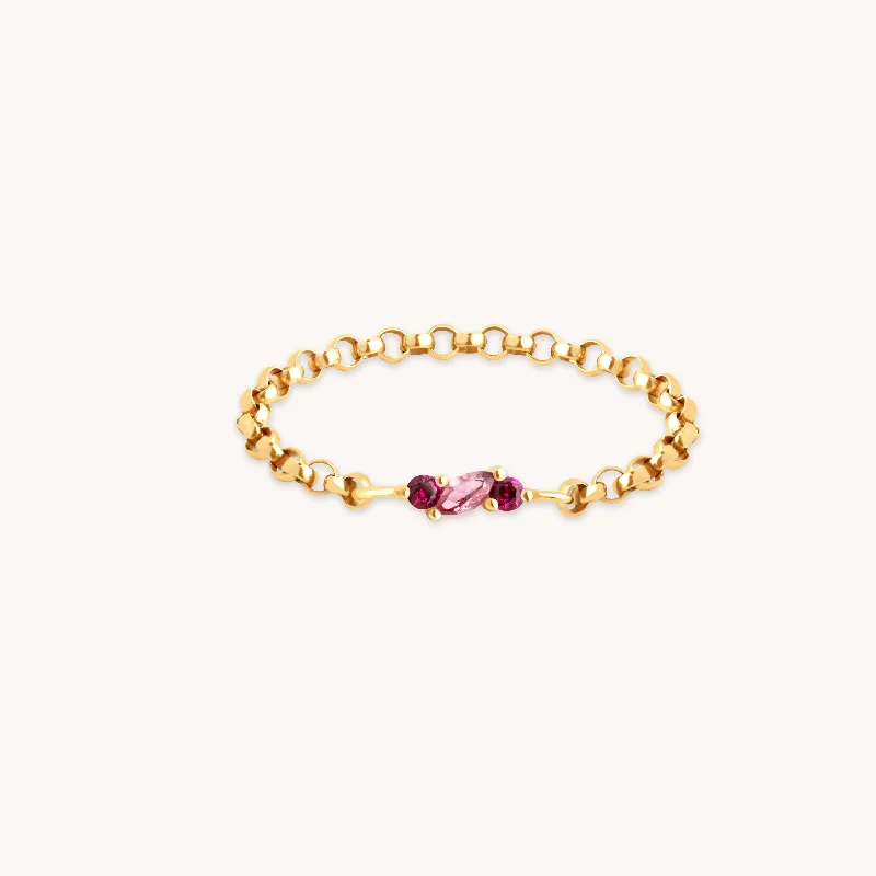 Designer Platinum Rings-Pink Tourmaline Chain Ring in Solid Gold