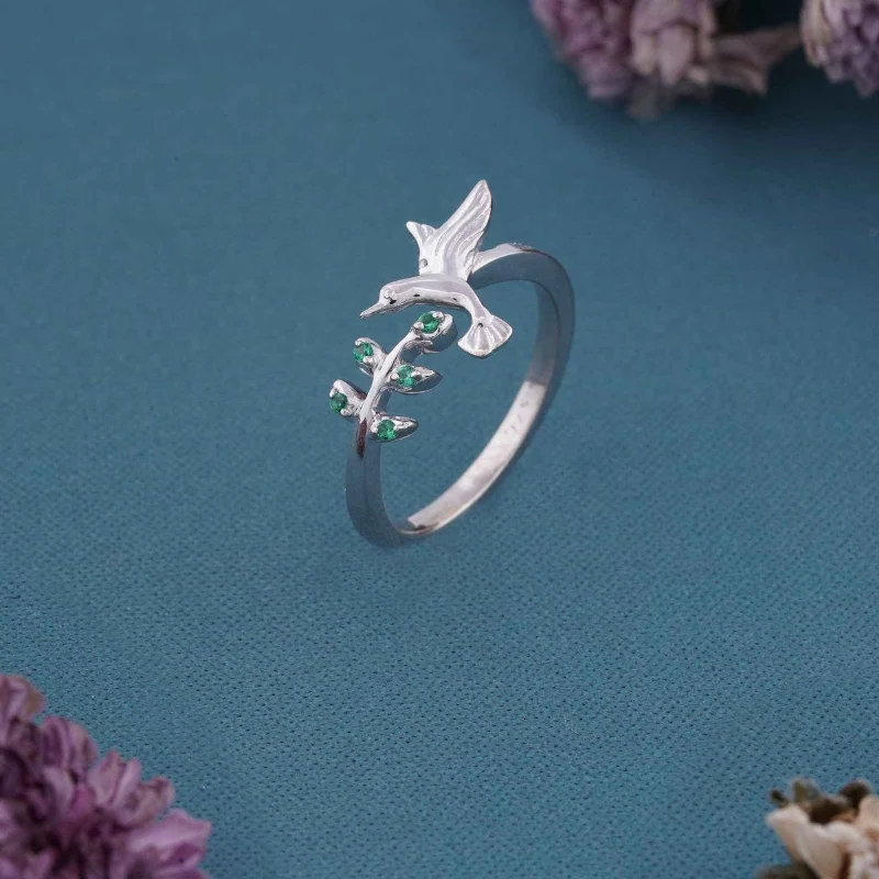 Fashionable Cocktail Rings-Silver Emerald Bird Ring For Women