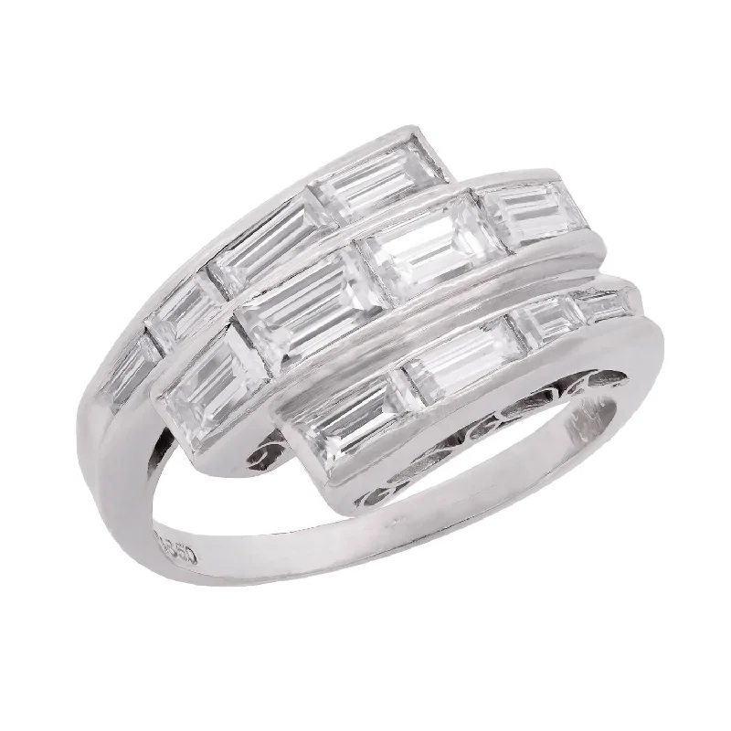 Minimalist Silver Rings-Retro Platinum and Baguette Diamond Bypass Ring