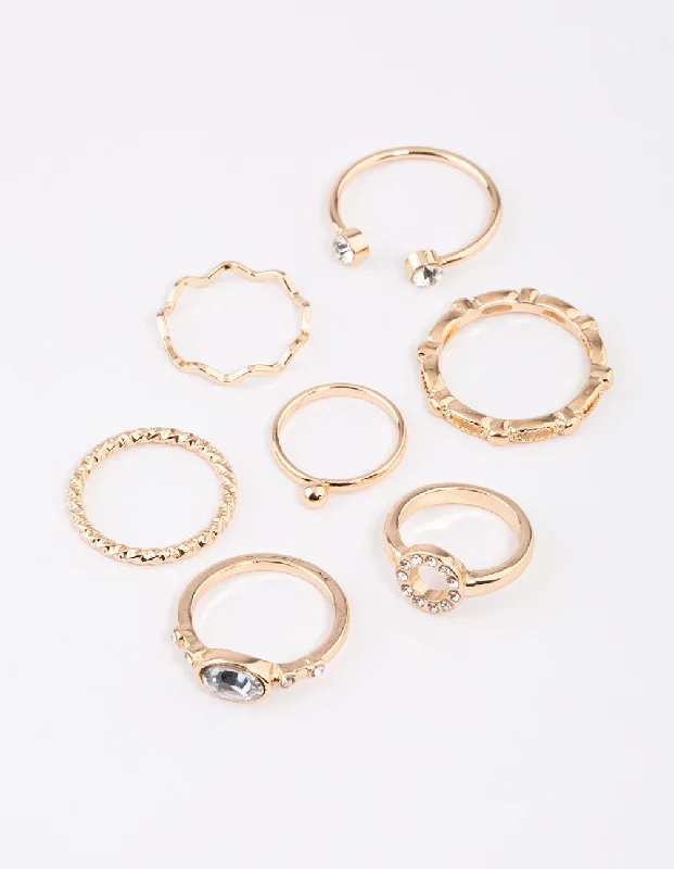 Statement Rings for Women-Gold Round Open Diamante Ring 7-Pack