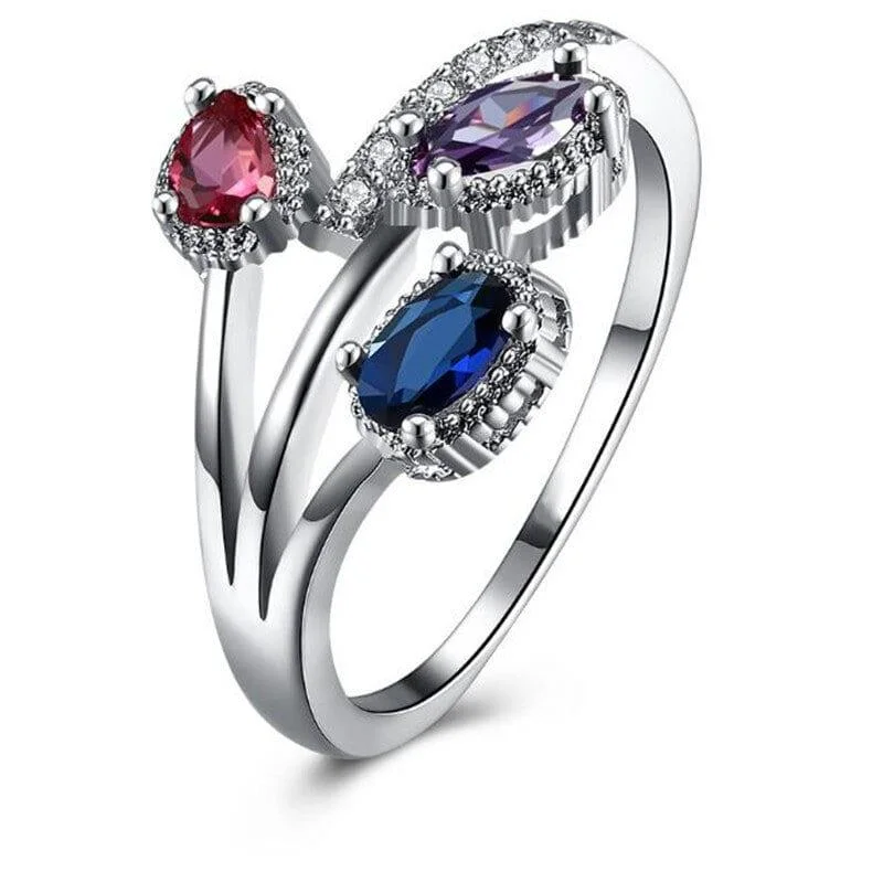 Handcrafted Engagement Rings-Multicolor Flower Ring with Cubic Zirconia Stones