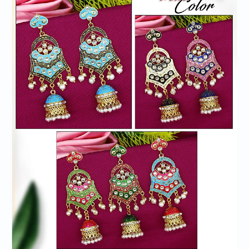 Black Gold Earrings-Mahavir Gold Plated Meenakari And Kundan Jhumki Earrings Combo